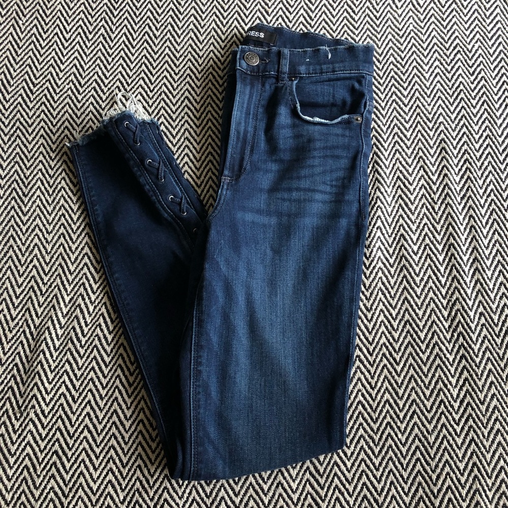 High Waist Dark Wash Jeans w Lace Up Detail